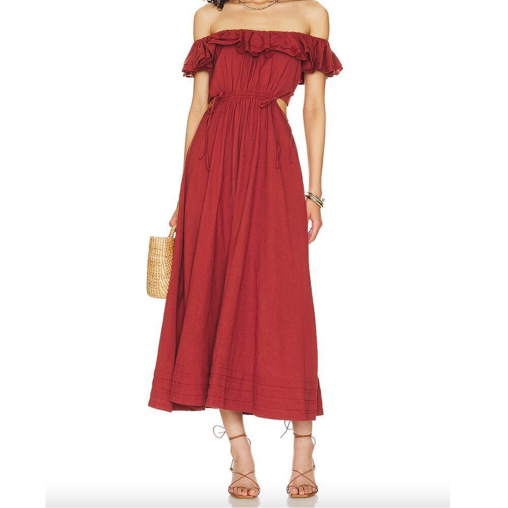 NWT Cleobella Daria Rust Off Shoulder Ruffle Cotton Linen Midi Dress • Size XS